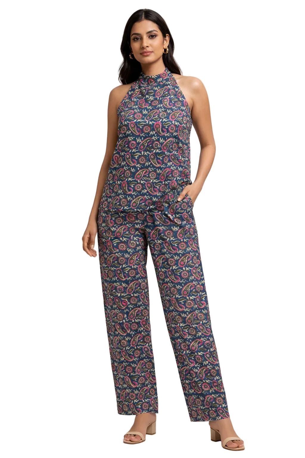 Women’s Cotton Kalamkari Hand Block Printed Co-Ord Set – Sleeveless Halter Neck Top & Straight Pants Outfit