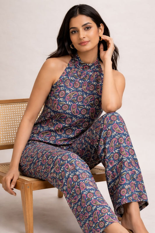Women’s Cotton Kalamkari Hand Block Printed Co-Ord Set – Sleeveless Halter Neck Top & Straight Pants Outfit