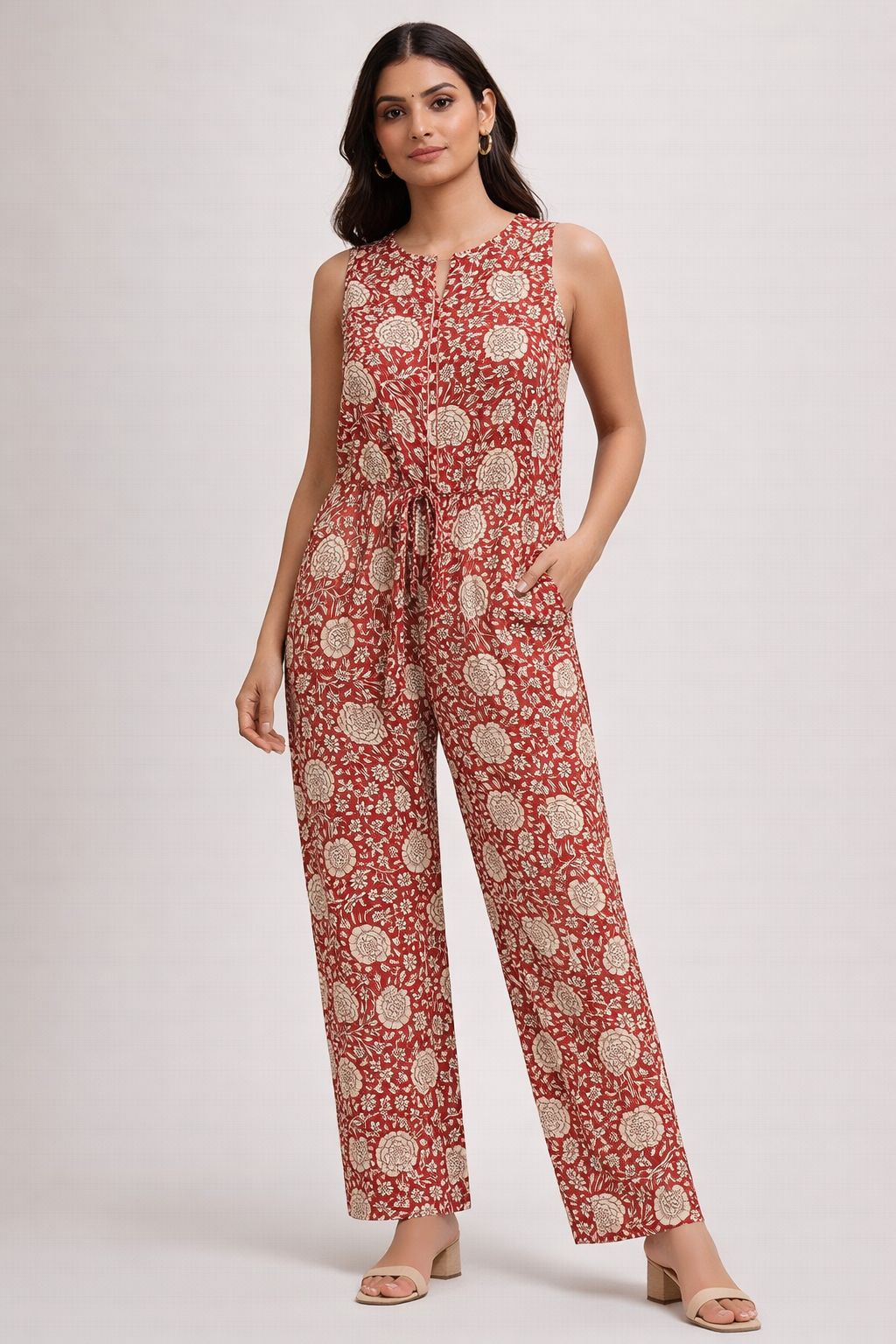 Women’s Cotton Kalamkari Hand Block Printed Jumpsuit – Sleeveless Floral Ethnic Casual One Piece Outfit