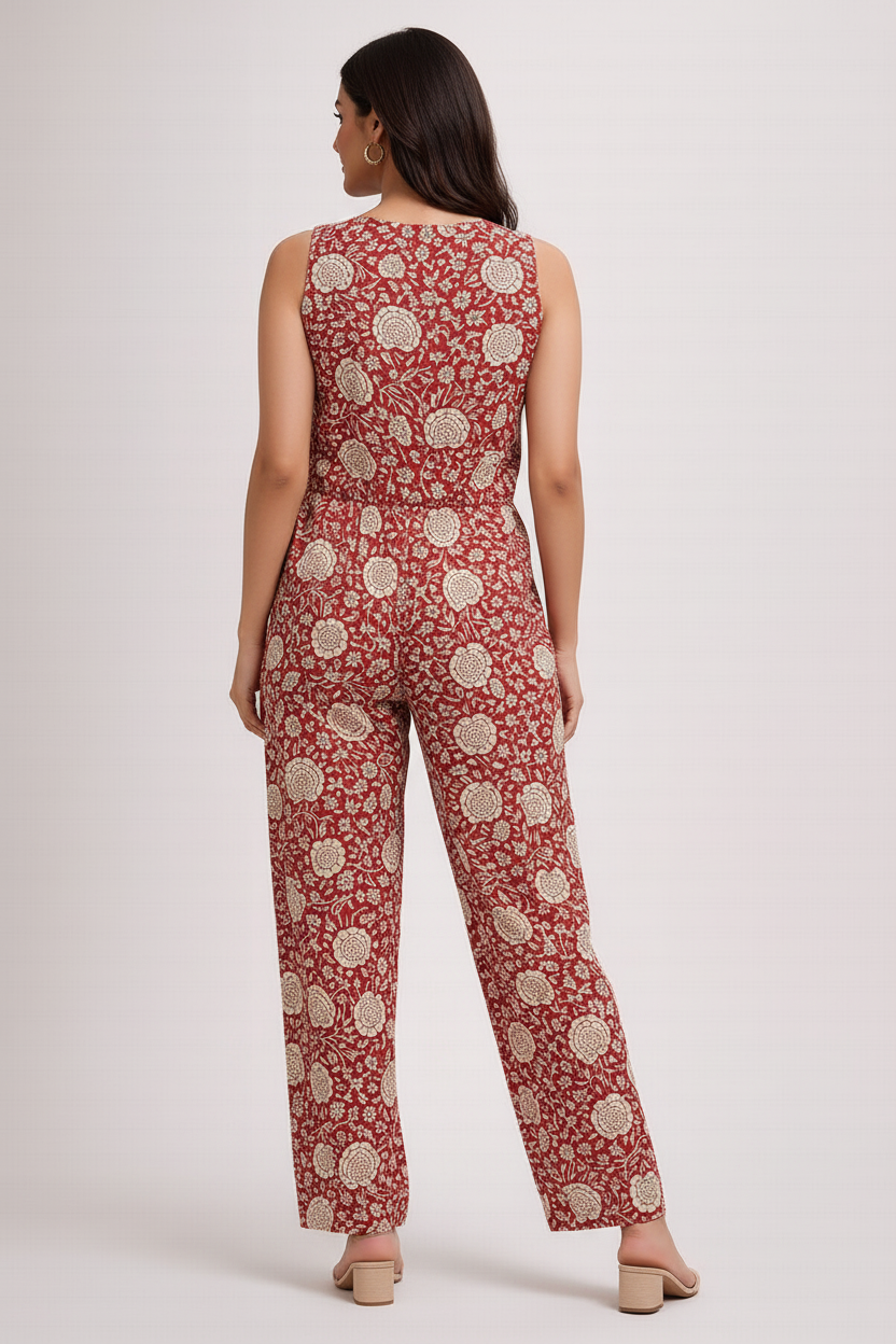 Women’s Cotton Kalamkari Hand Block Printed Jumpsuit – Sleeveless Floral Ethnic Casual One Piece Outfit