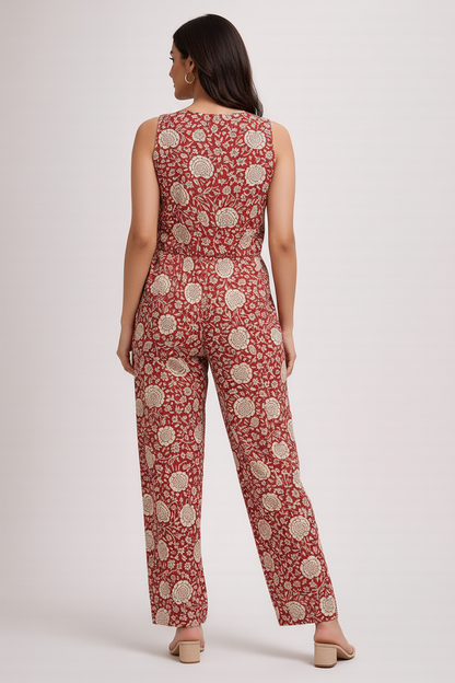 Women’s Cotton Kalamkari Hand Block Printed Jumpsuit – Sleeveless Floral Ethnic Casual One Piece Outfit