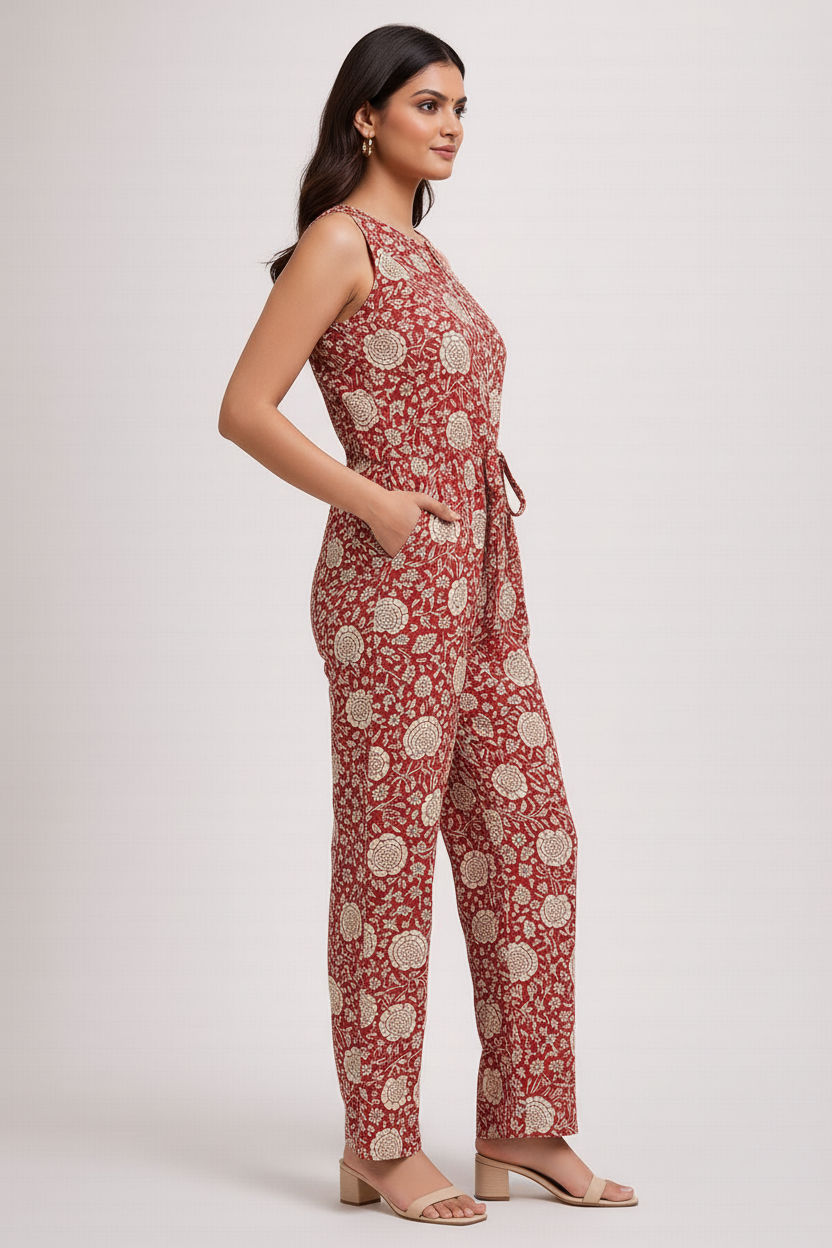 Women’s Cotton Kalamkari Hand Block Printed Jumpsuit – Sleeveless Floral Ethnic Casual One Piece Outfit