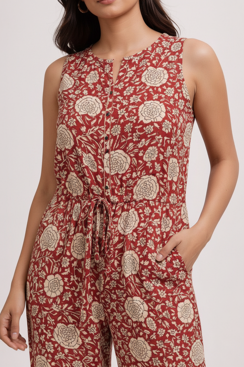 Women’s Cotton Kalamkari Hand Block Printed Jumpsuit – Sleeveless Floral Ethnic Casual One Piece Outfit