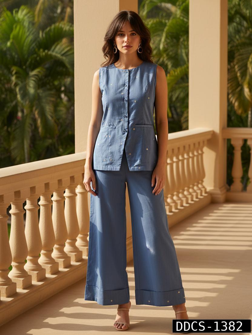 Women’s Blue Cotton Sleeveless Co-Ord Set – Button Front Top & Wide Leg Pant Casual Ethnic Outfit