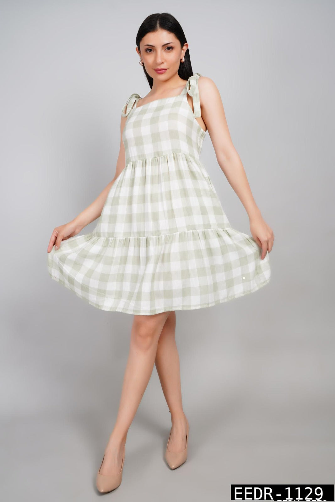 Women’s Green Gingham Cotton Summer Dress – Sleeveless Tie Strap Flared Casual Mini Dress