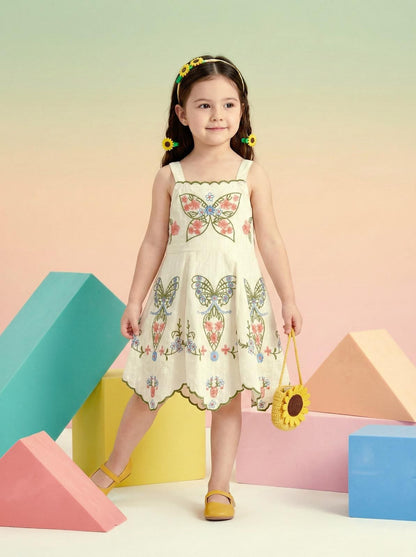 Girls Pure Cotton Butterfly Embroidered Summer Dress – Sleeveless Kids Floral Party & Casual Wear