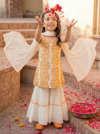 Girls Pure Cotton Ethnic Sharara Set – Embroidered Kurti with Flared Pants & Dupatta | Kids Festive Party Outfit