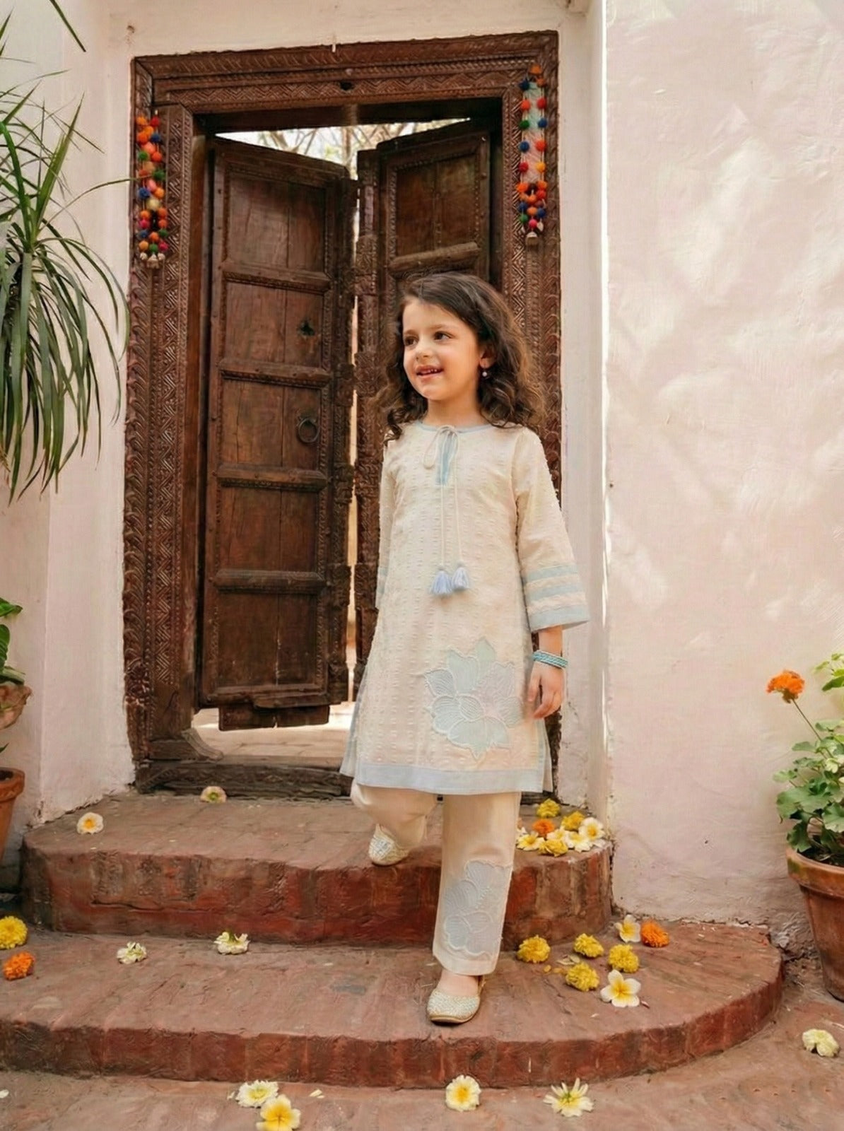 Girls Pure Cotton Co-Ord Set – Embroidered Floral Kurti & Pants | Kids Ethnic Casual Summer Outfit