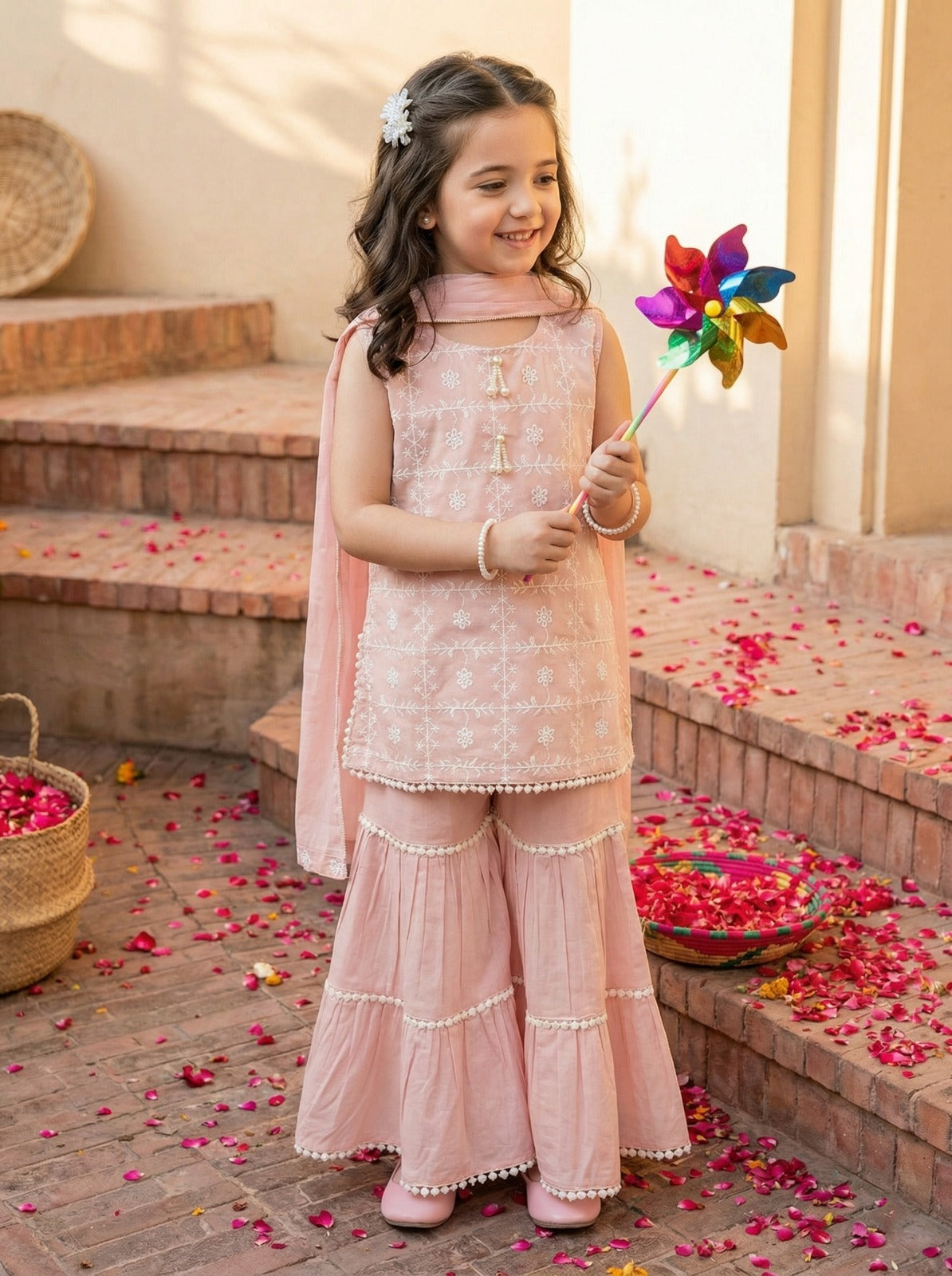 Girls Pure Cotton Sharara Set with Dupatta – Kids Embroidered Kurti & Sharara Outfit for Festive & Party Wear