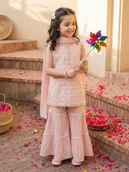 Girls Pure Cotton Sharara Set with Dupatta – Kids Embroidered Kurti & Sharara Outfit for Festive & Party Wear