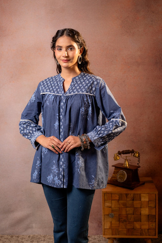 Women’s Indigo Printed Cotton Top | Ethnic Inspired Long Sleeve Casual Tunic Top | Stylish Indian Fusion Wear for Office & Daily Wear