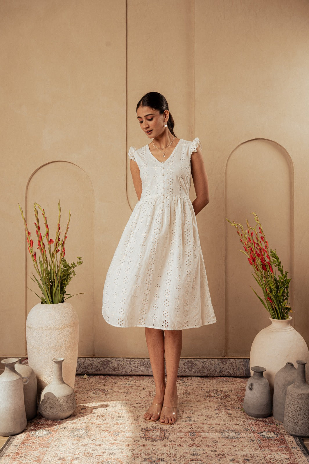 Women’s White Cotton Eyelet Dress | Elegant Summer A-Line Midi Dress | Lightweight Casual & Vacation Wear