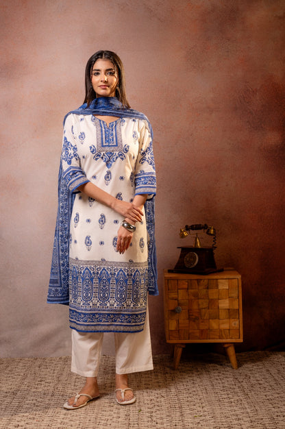 Women’s Mal Cotton Hand Block Printed Kurti Set with Dupatta – Soft Breathable Ethnic Kurta Pant Set