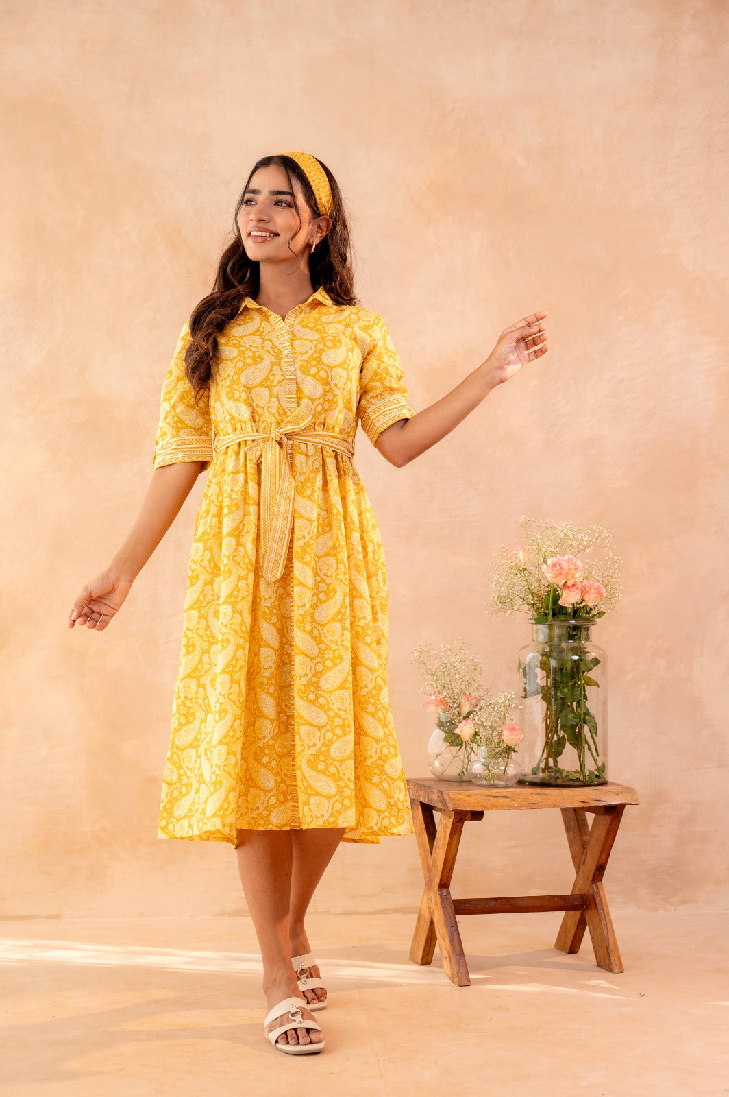 Women’s Yellow Printed Cotton Midi Dress with Waist Tie – Elegant Summer Casual Dress for Brunch, Travel & Day Out