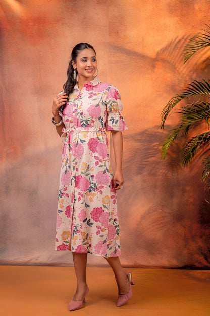 Women’s Floral Printed Cotton Midi Dress with Waist Tie – Elegant Casual Summer Dress for Brunch, Travel & Day Out