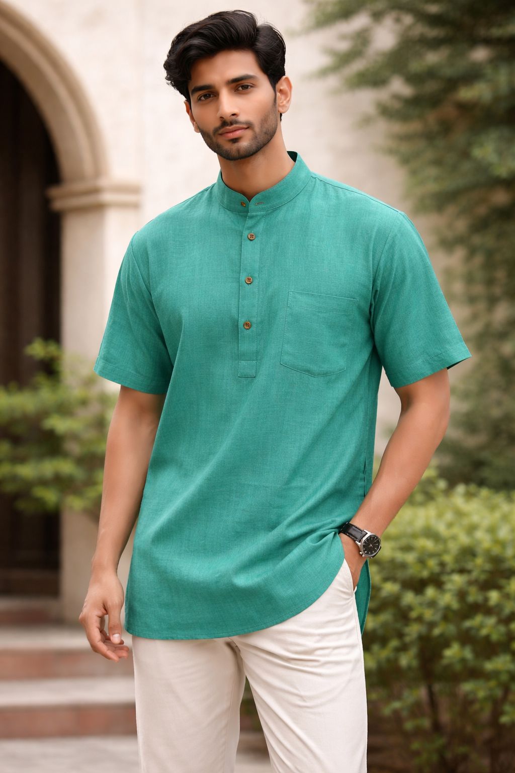 Men’s Cotton Short Kurta – Breathable Half Sleeve Casual Ethnic Shirt, Lightweight Summer Wear