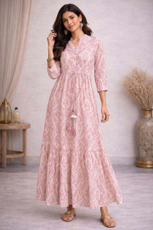 Women’s Cotton Printed Maxi Dress – Soft Breathable A-Line Long Summer Dress with Tassel Tie-Up