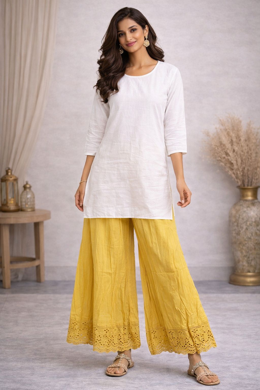 Women’s Cotton Divider Palazzo Pants – Flowy Wide Leg Ethnic Pants with Lace Hem for Summer Wear