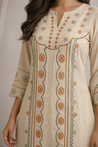 Women’s Khadi Cotton Kurti Set with Dupatta – Handblock Printed Ethnic Kurta Pant Set