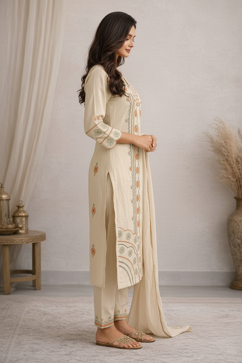 Women’s Khadi Cotton Kurti Set with Dupatta – Handblock Printed Ethnic Kurta Pant Set