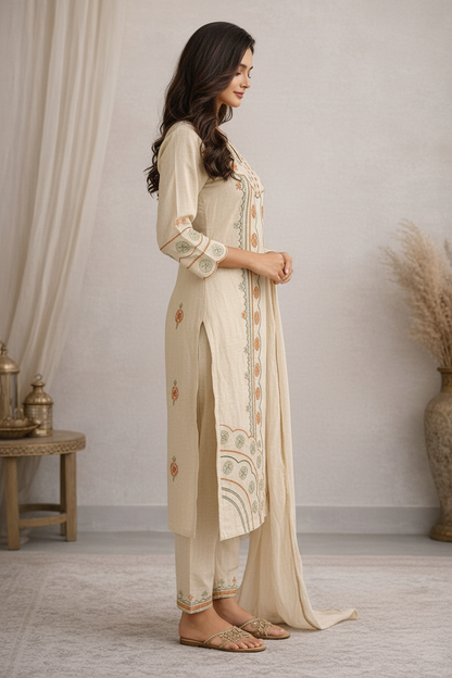 Women’s Khadi Cotton Kurti Set with Dupatta – Handblock Printed Ethnic Kurta Pant Set