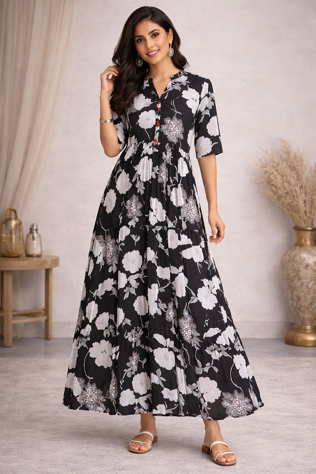 Women’s Cotton Floral Maxi Dress – Soft Breathable A-Line Long Dress for Casual & Summer Wear