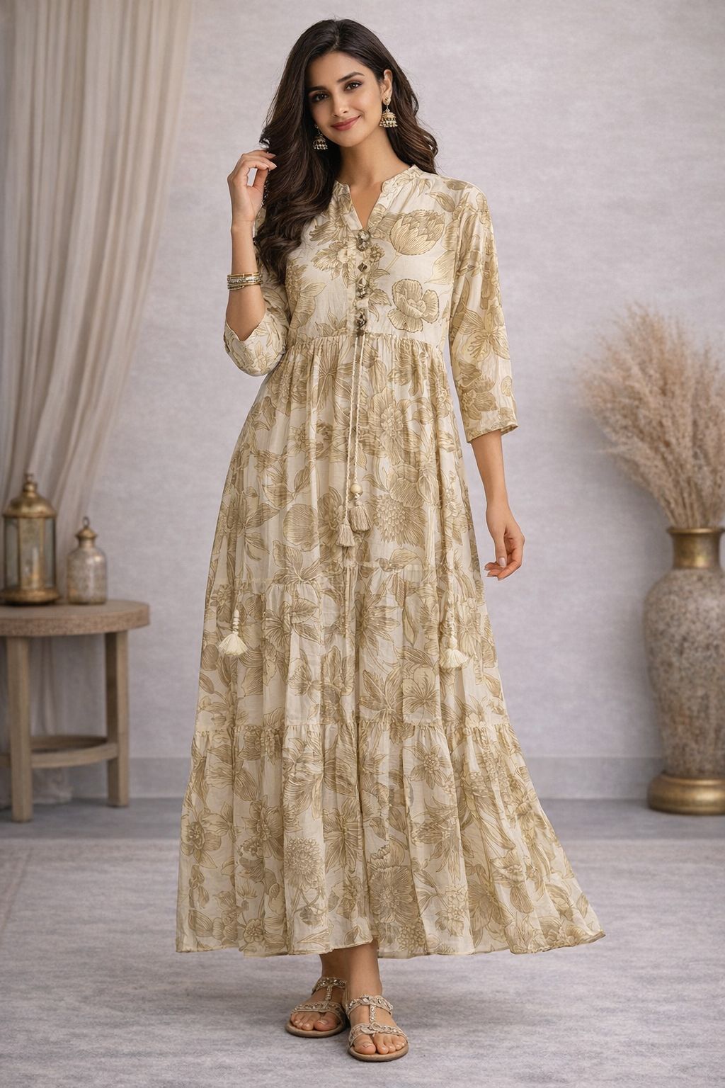 Women’s Cotton Floral Maxi Dress – Soft Breathable A-Line Long Summer Dress with 3/4 Sleeves