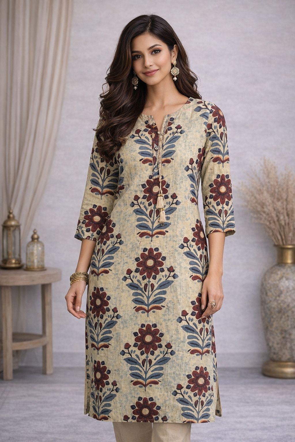 Women’s Cotton Printed Kurti – Floral Ethnic Straight Kurta with Tassel Neck, 3/4 Sleeve Casual Wear