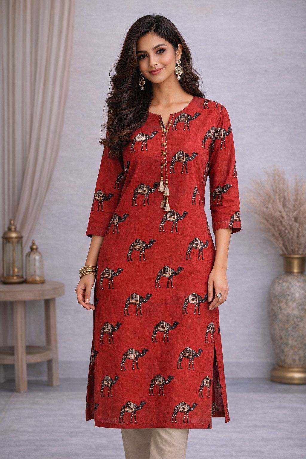 Women’s Cotton Printed Kurti – Red Ethnic Camel Print Straight Kurta, 3/4 Sleeve Casual Wear