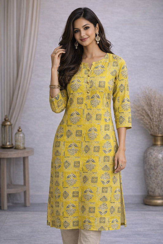 Women’s Cotton Printed Kurti – Yellow Ethnic Straight Kurta with 3/4 Sleeves Casual Daily Wear