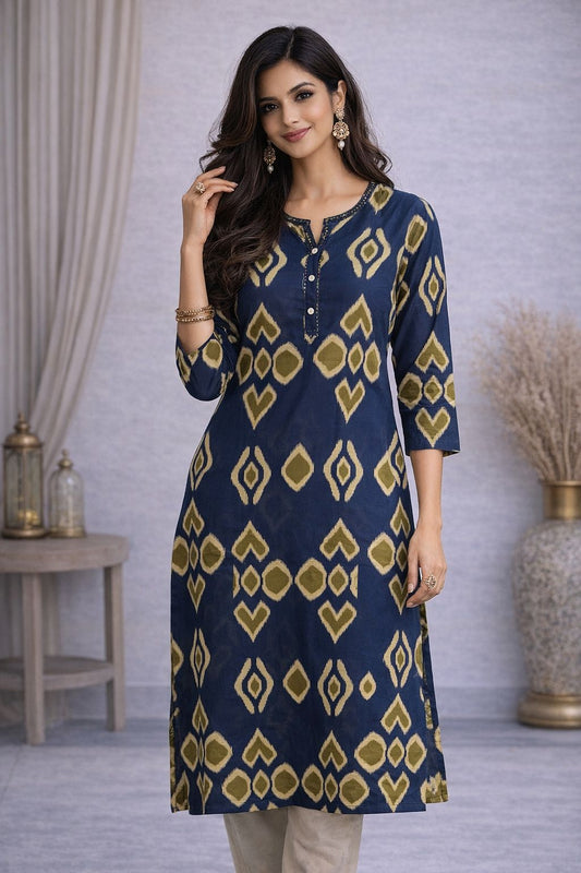 Women’s Cotton Printed Kurti – Blue Ethnic Straight Kurta with 3/4 Sleeves & Stylish Neckline