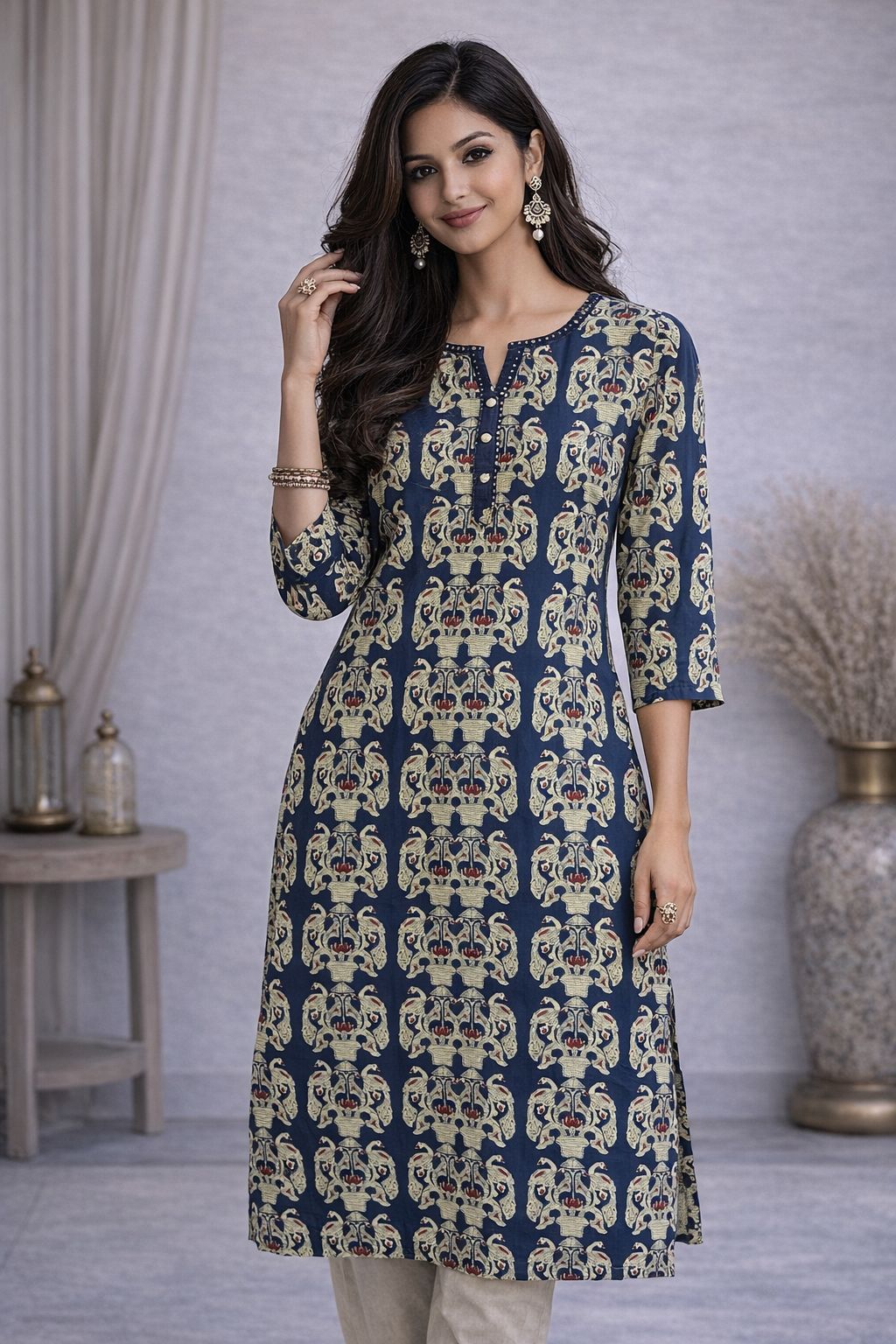 Women’s Cotton Printed Kurti – Blue Ethnic Straight Kurta with 3/4 Sleeves & Stylish Neck Design