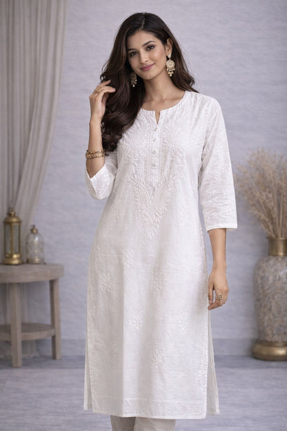 Women’s Cotton Chikankari Kurti – White Embroidered Straight Kurta with 3/4 Sleeves Ethnic Wear