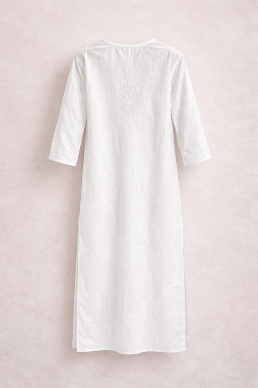 Women’s Cotton Chikankari Kurti – White Embroidered Straight Kurta with 3/4 Sleeves Ethnic Wear