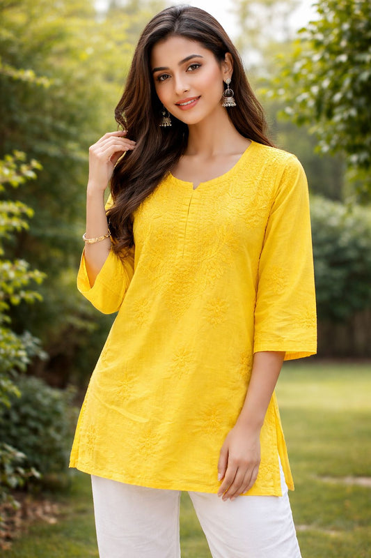 Women’s Cotton Chikankari Short Kurti Top – Embroidered Summer Tunic, Lightweight Casual Ethnic Wear
