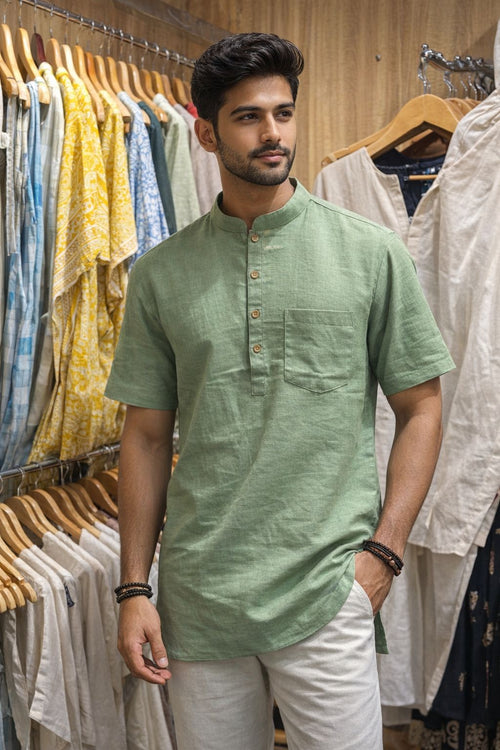 Men’s Cotton Short Kurta Shirt – Lightweight Mandarin Collar Summer Casual Ethnic Tunic