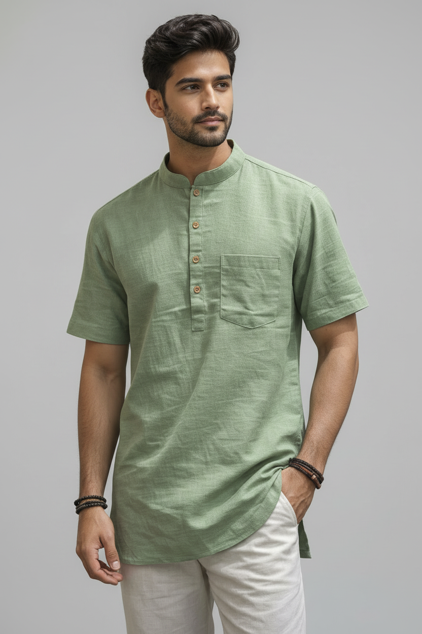 Men’s Cotton Short Kurta Shirt – Lightweight Mandarin Collar Summer Casual Ethnic Tunic