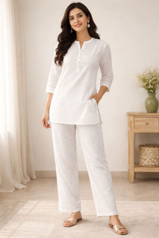 Women’s White Cotton Co-Ord Set – Embroidered Kurta Top & Straight Pants, Lightweight Summer Outfit