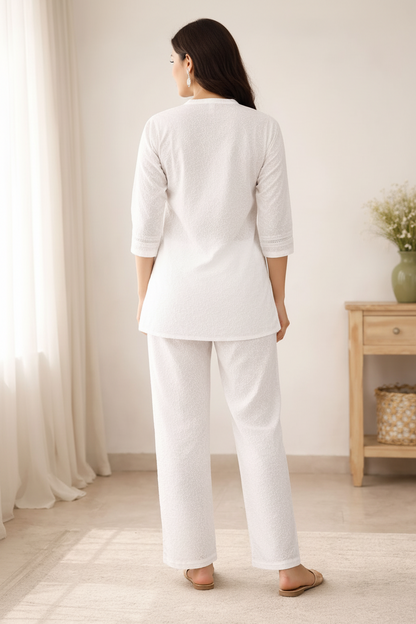 Women’s White Cotton Co-Ord Set – Embroidered Kurta Top & Straight Pants, Lightweight Summer Outfit