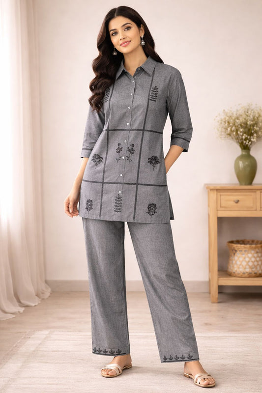 Women’s Grey Cotton Co-Ord Set – Embroidered Kurta Shirt & Straight Pants, Comfortable Ethnic Outfit