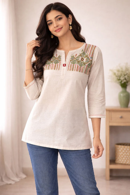Women’s Cotton Short Kurti with Embroidery – Beige Ethnic Tunic Top, Lightweight Casual Summer Wear