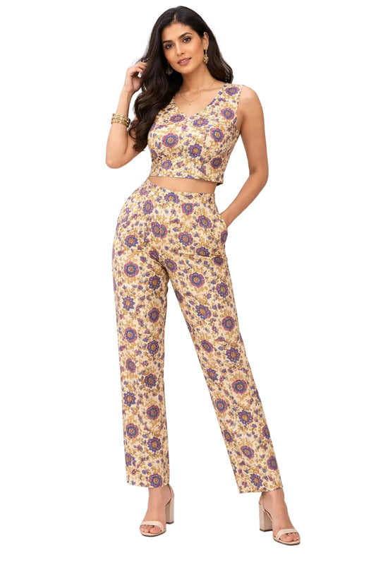 Women’s Printed Co-Ord Set – Floral Crop Top & High Waist Pants, Stylish Summer Co Ord Outfit