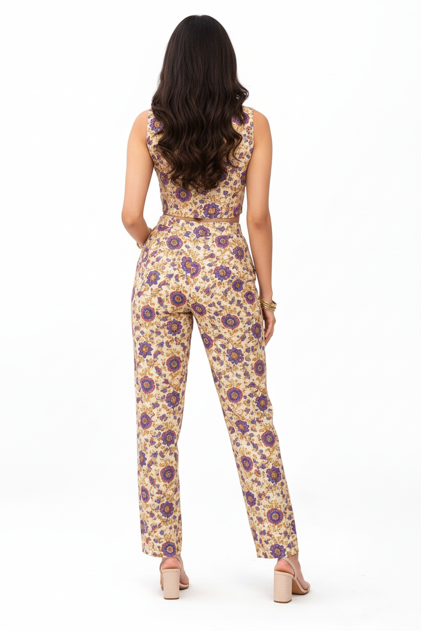 Women’s Printed Co-Ord Set – Floral Crop Top & High Waist Pants, Stylish Summer Co Ord Outfit