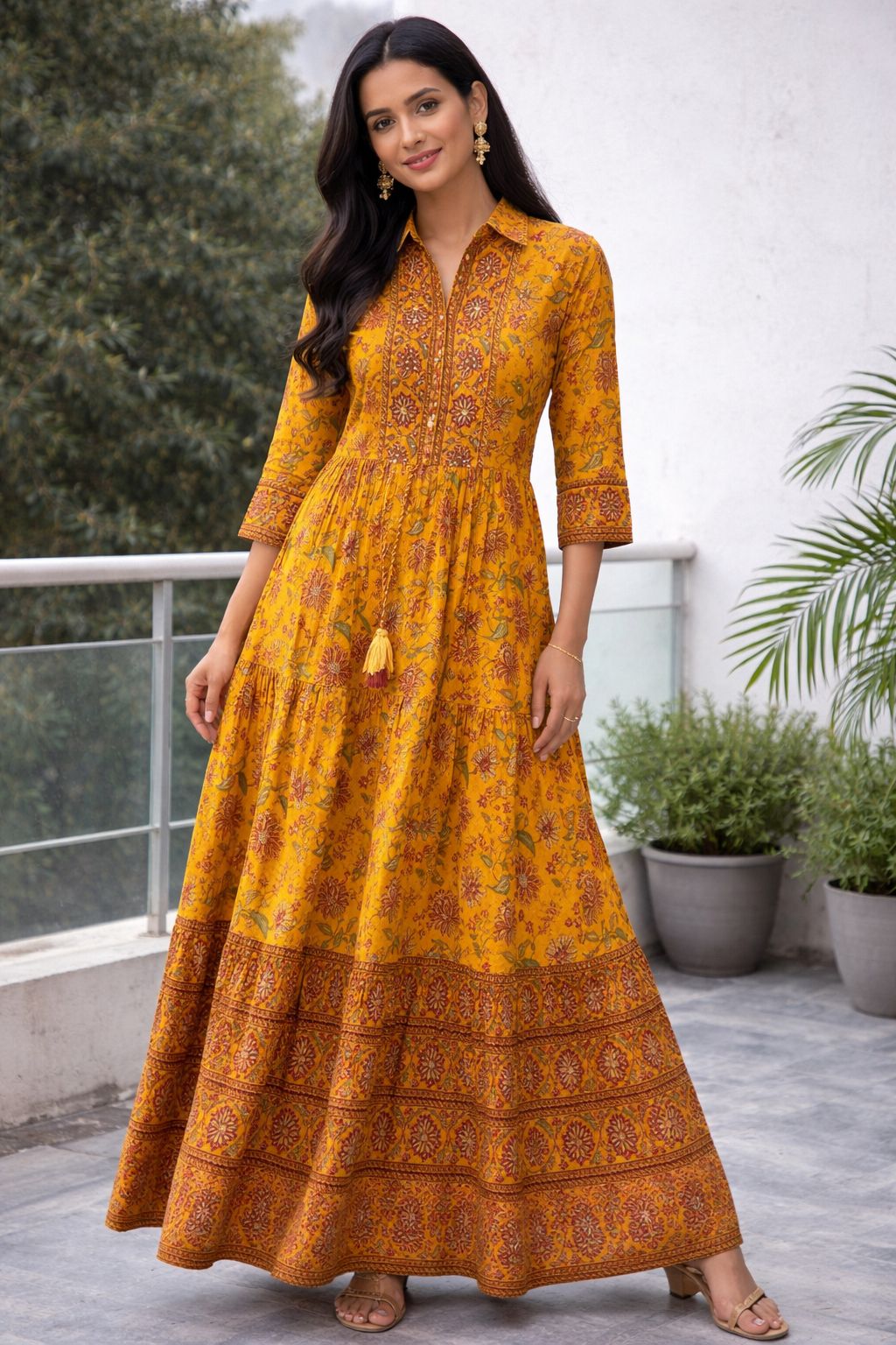 Women Mustard Yellow Printed Cotton A-Line Dress