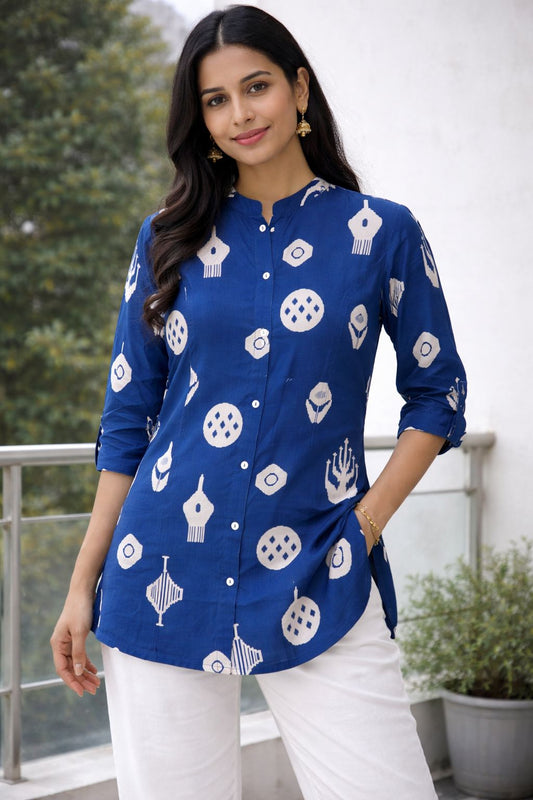 Women Blue Printed Cotton Straight Kurta