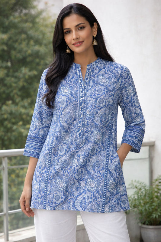 Women Blue Printed Cotton Straight Kurti