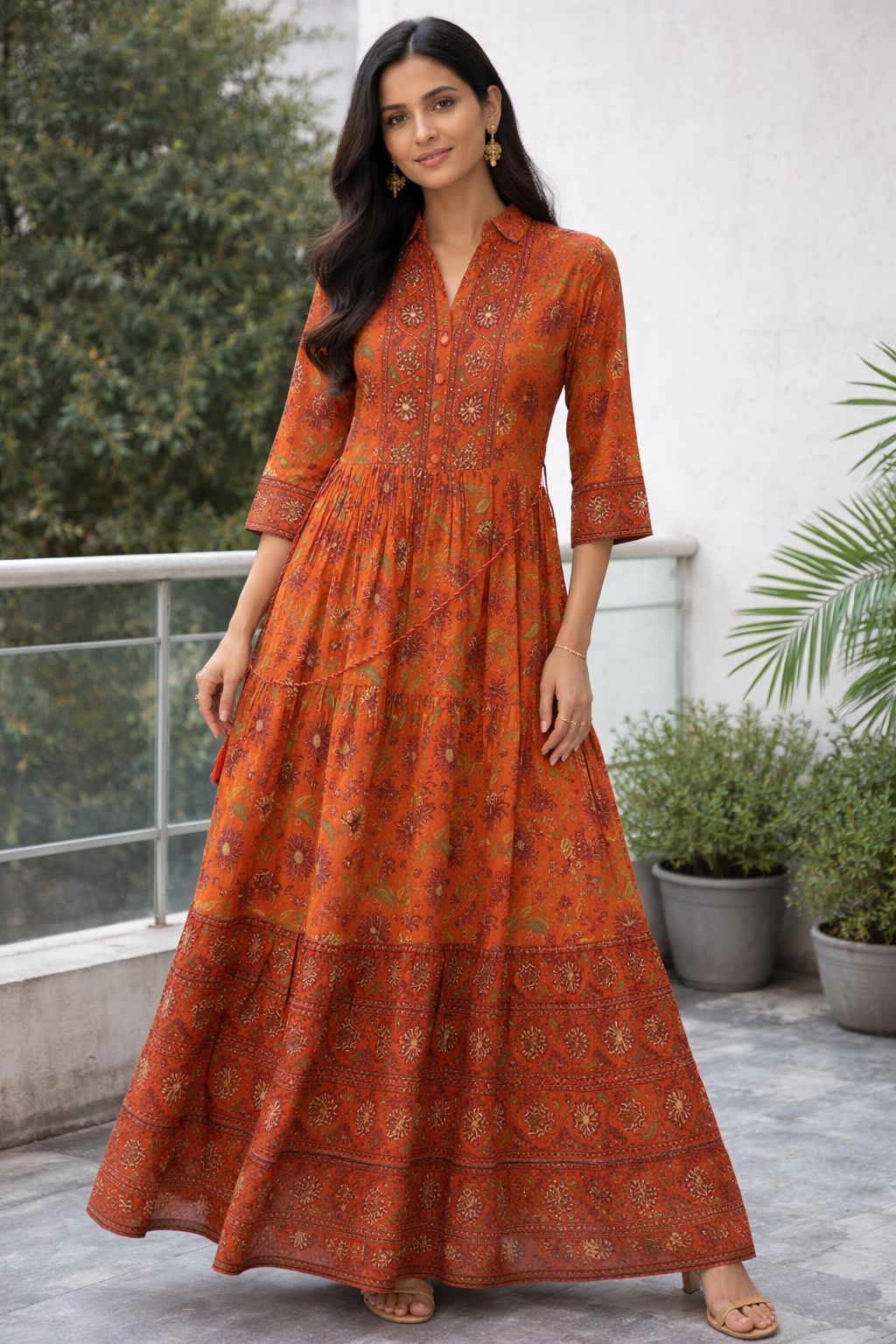 Women Rust Orange Printed Cotton A-Line  Dress