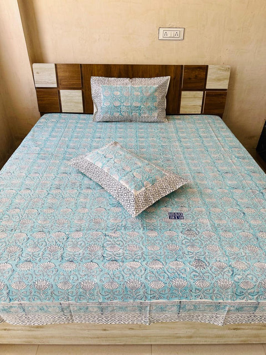 Hand Block Printed Cotton Double Bedsheet 108x108 King Size Blue Floral with 2 Pillow Covers