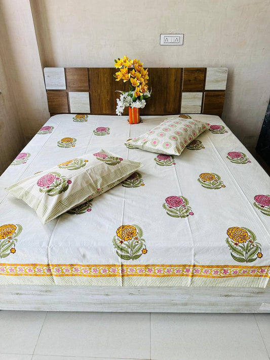 Hand Block Printed Cotton Double Bedsheet 108x108 King Size White Floral with 2 Pillow Covers