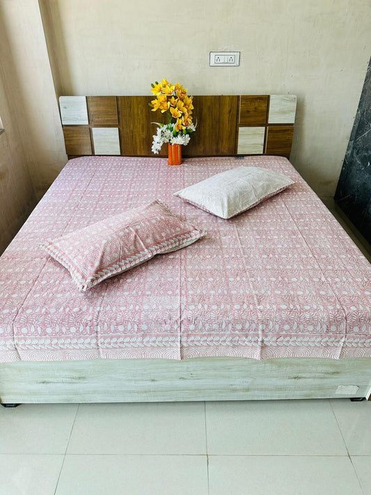 Hand Block Printed Cotton Double Bedsheet 108x108 King Size Pink Floral with 2 Pillow Covers